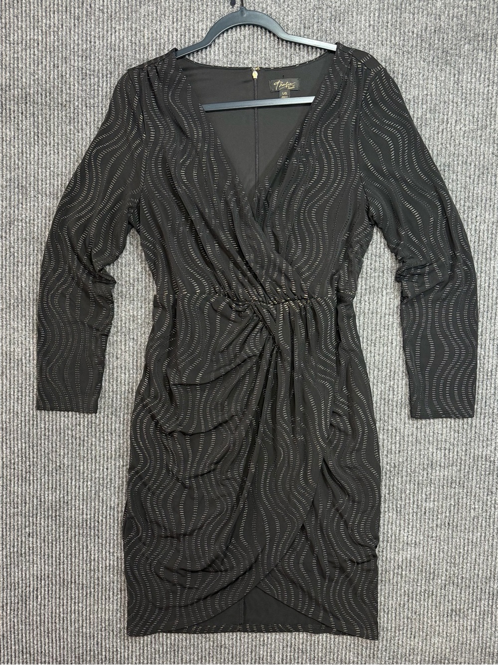 Thalia Sodi Black Textured Wave Ruched Faux Wrap Dress L
